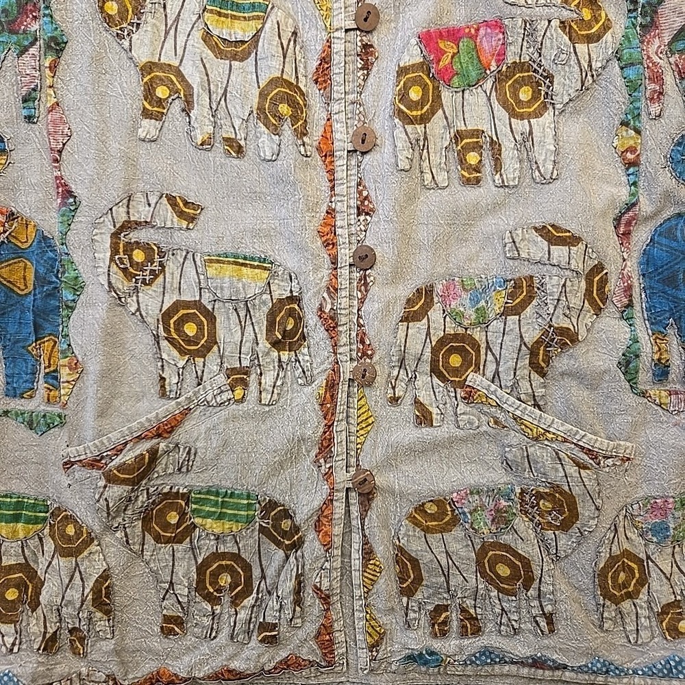 VTG TRESKA Elephant Patchwork Jacket Shirt Lagenlook Art to Wear One Size - Picture 3 of 9